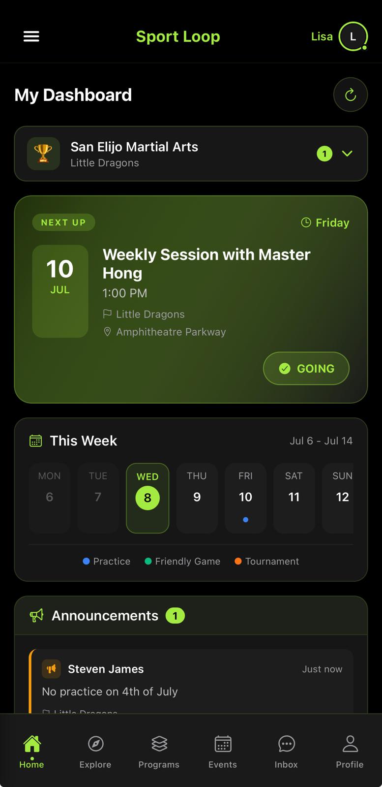 Sport Loop family dashboard